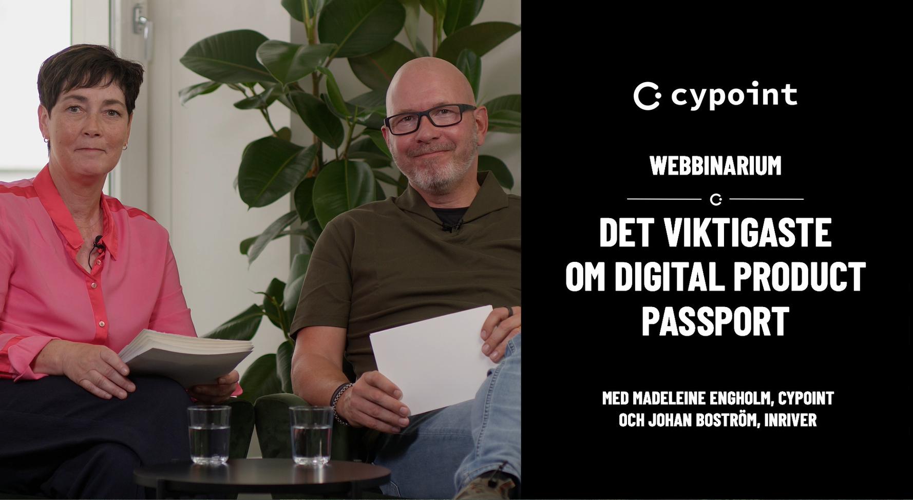 Två personer sitter med papper i handen, till höger marknadsförs ett webbinarium om digitala produktpass av Cypoint.