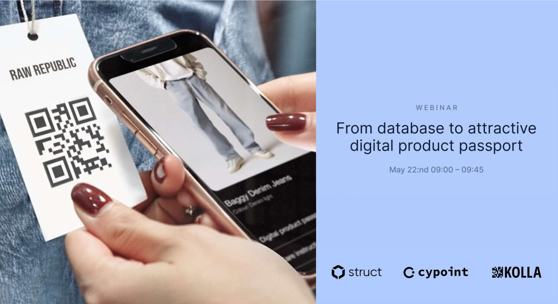 Person som skannar en QR-kod på en klädetikett med en smartphone, texten till höger marknadsför ett webbinarium om digitala produktpass. Cypoint i samarbete med Struct och Kolla.