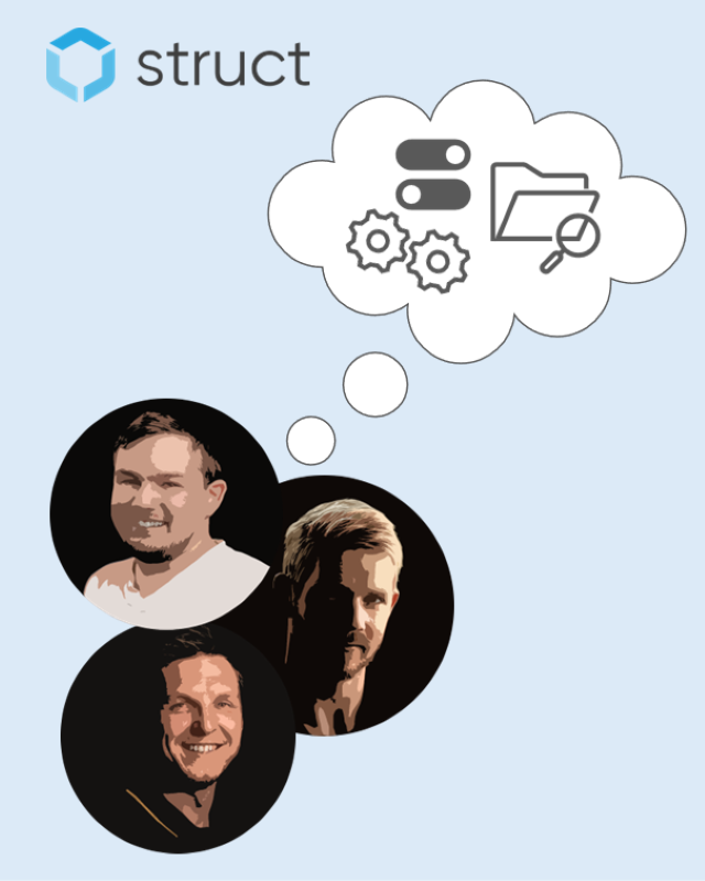 Tre systemutvecklare som tänker på Struct PIM-systemet, Struct-logotypen.